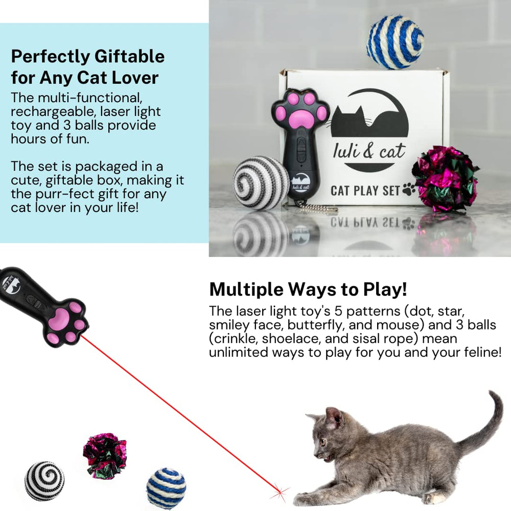 Mode laser rouge et modes lumineux Luli & Cat pour exercices et stimulation visuelle.