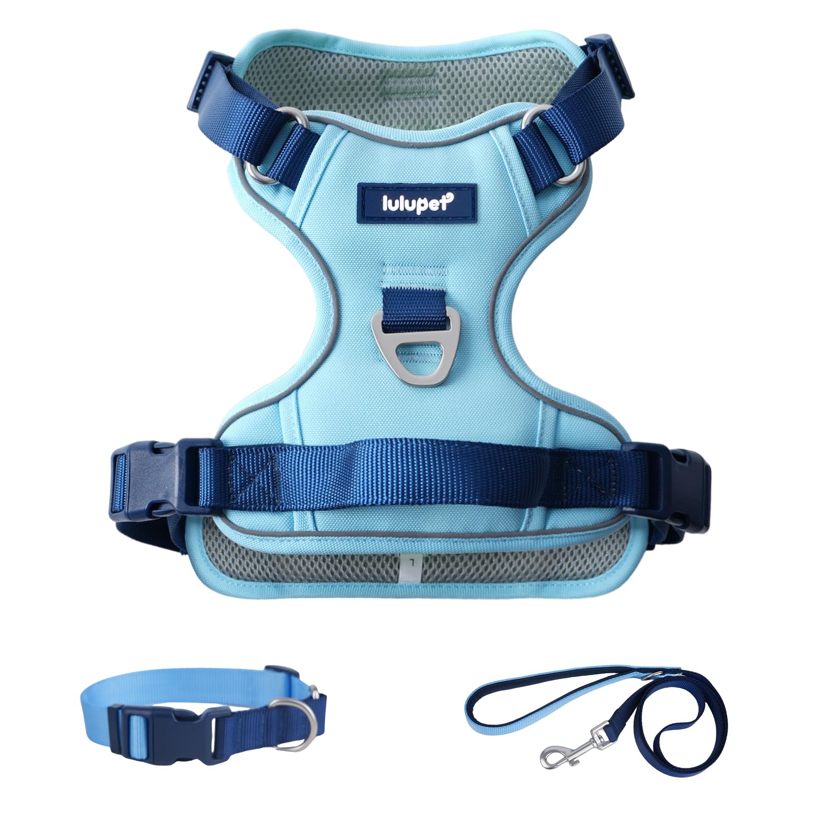 Harnais 3 en 1 LULUPET bleu moyen, confort durable pour promenades quotidiennes.