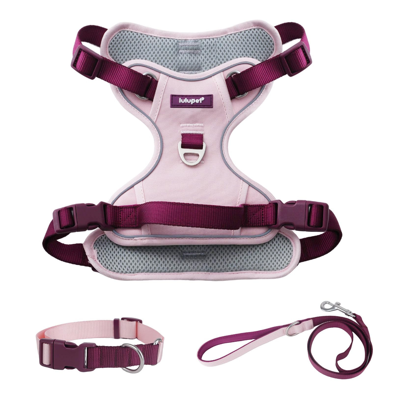LULUPET harnais-chien 3-en-1 pink, réglable et confortable pour promenades.