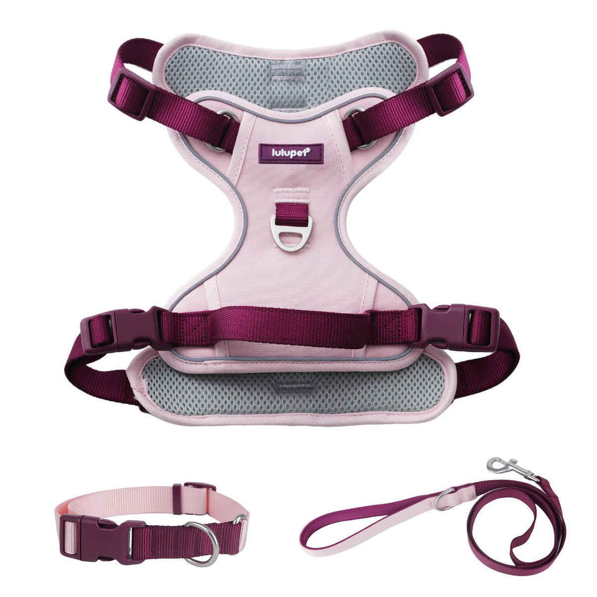 LULUPET harnais-chien 3-en-1 pink, réglable et confortable pour promenades.