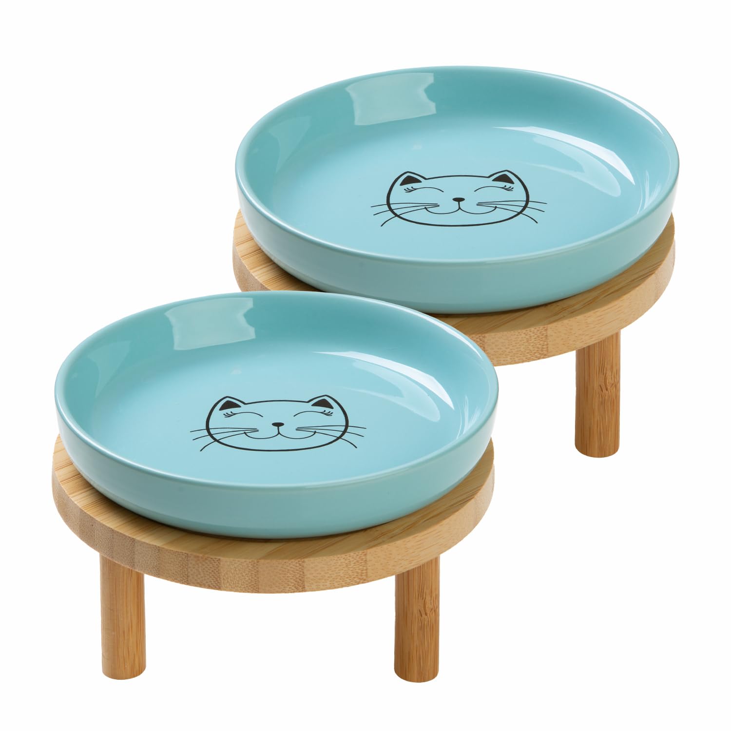 Lusifaco bol chat surélevé en céramique bleu sur socle bambou, stabilité garantie.