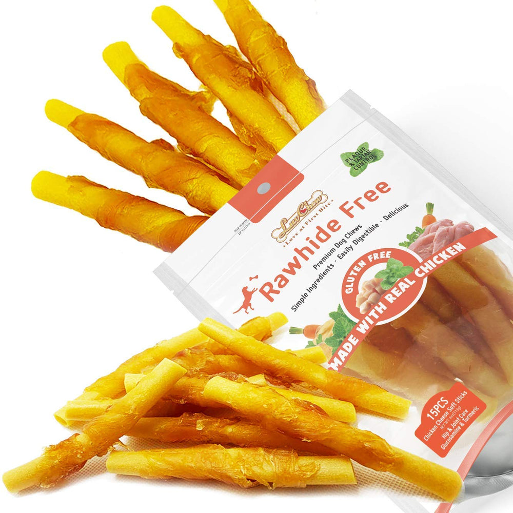 LuvChew batonnets-poulet-fromage digestibles, croquant facile à mâcher pour chiens.