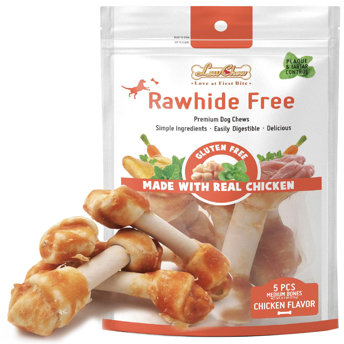 LuvChew os poulet chien medium, emballage clair et attrayant.