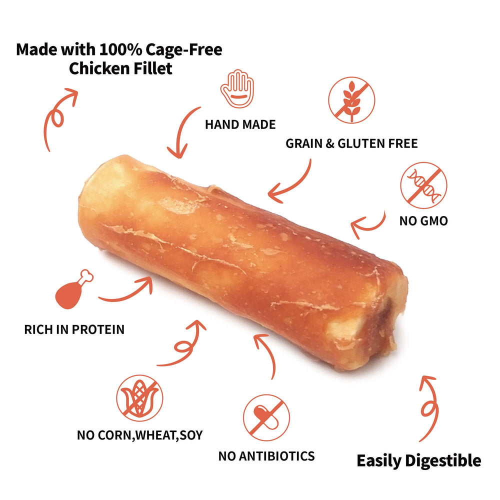 Rouleaux poulet mini LuvChew, facile à mâcher pour petits chiens.