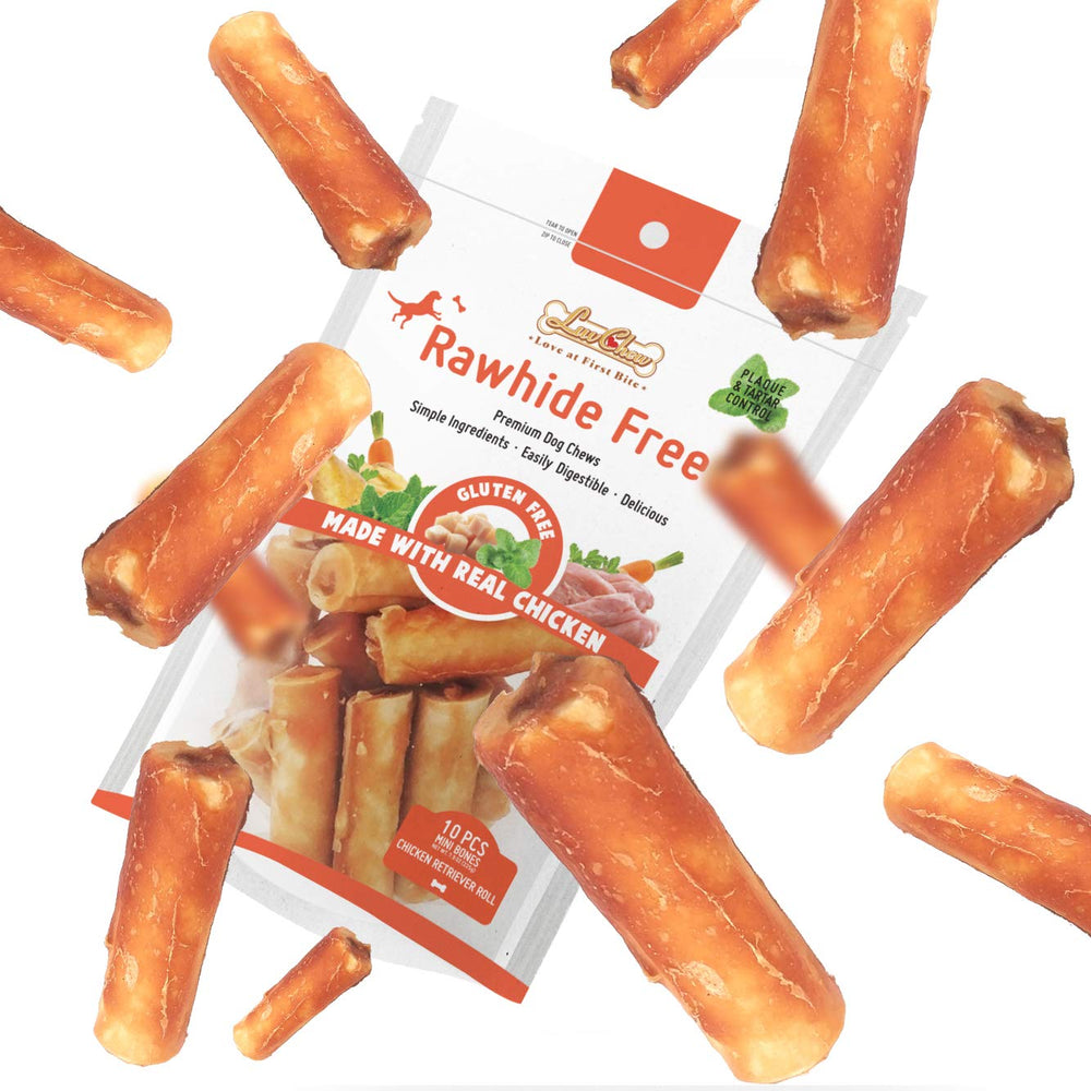 LuvChew rouleaux poulet mini, friandise protéinée pour petits chiens.