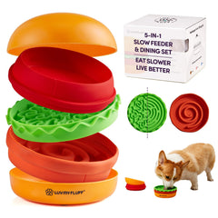LuvMyFluff gamelle lente mode hamburger pour petit chien, stimulation mentale lors des repas.