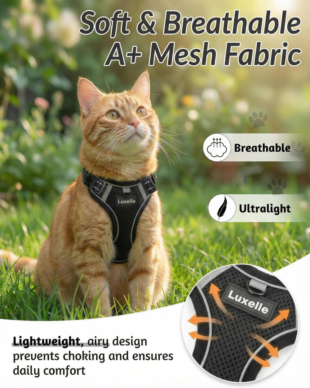 Luxelle harnais mesh respirant assure ventilation et confort pendant les sorties