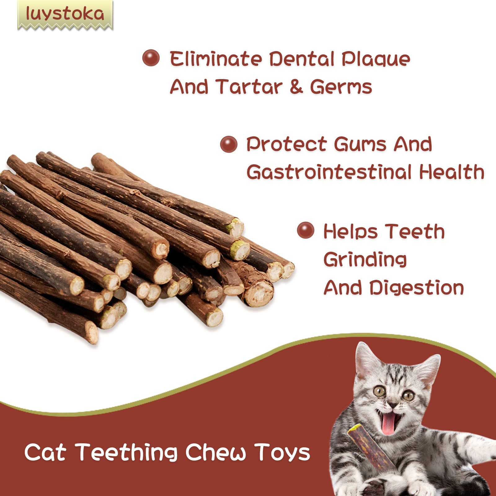 Luystoka Silvervine Sticks : chat mâchant le bâton naturel.
