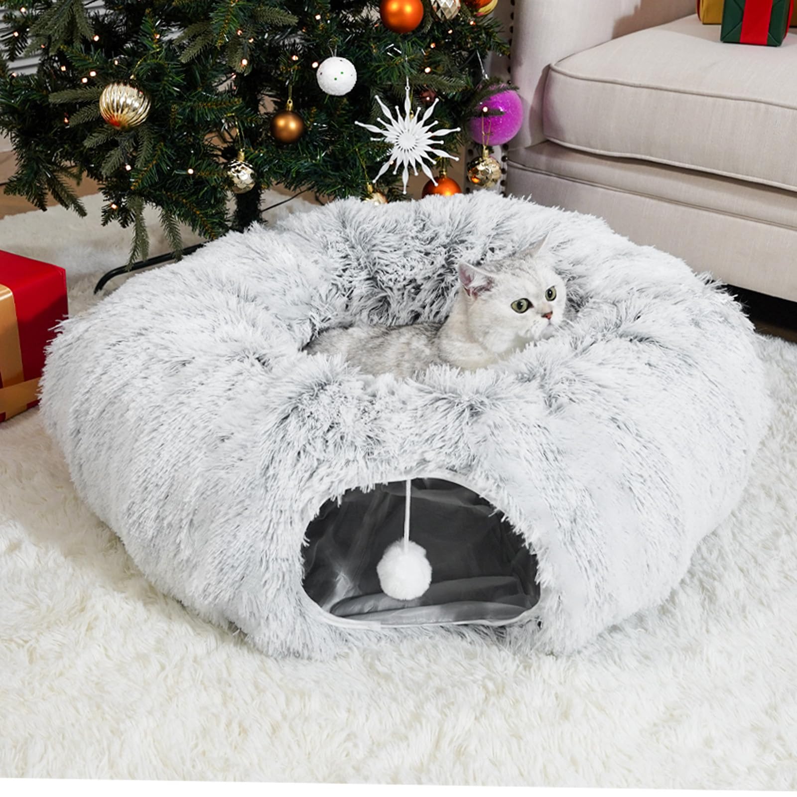 LVUVXVAV tunnel chat donut gris — refuge confortable pour jeux et siestes.