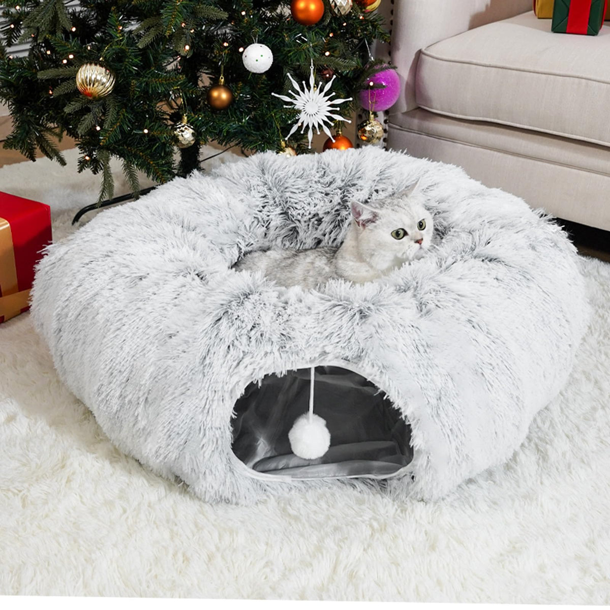 LVUVXVAV tunnel chat donut gris — refuge confortable pour jeux et siestes.