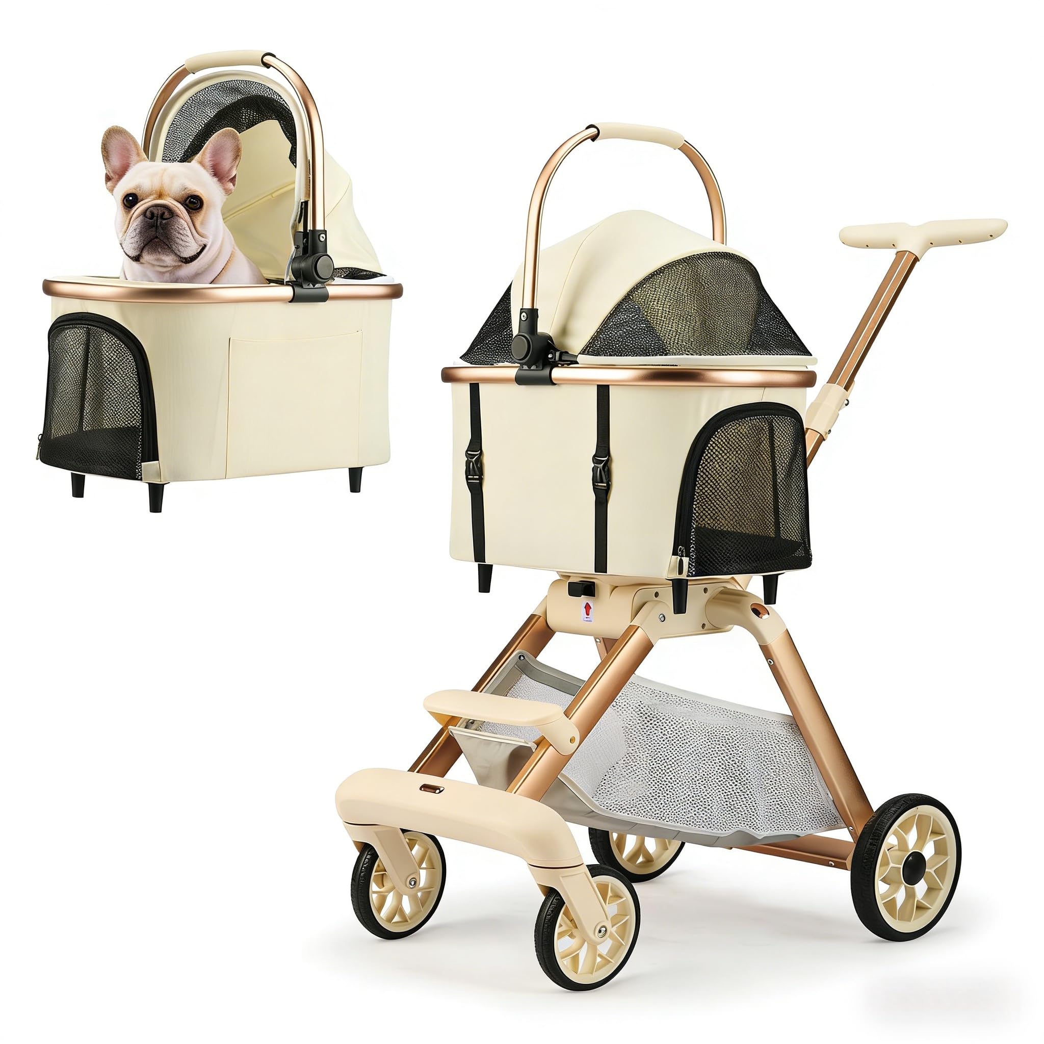 LXEVRA Poussette 3-en-1 pour petit chien, mobilité simplifiée en extérieur.