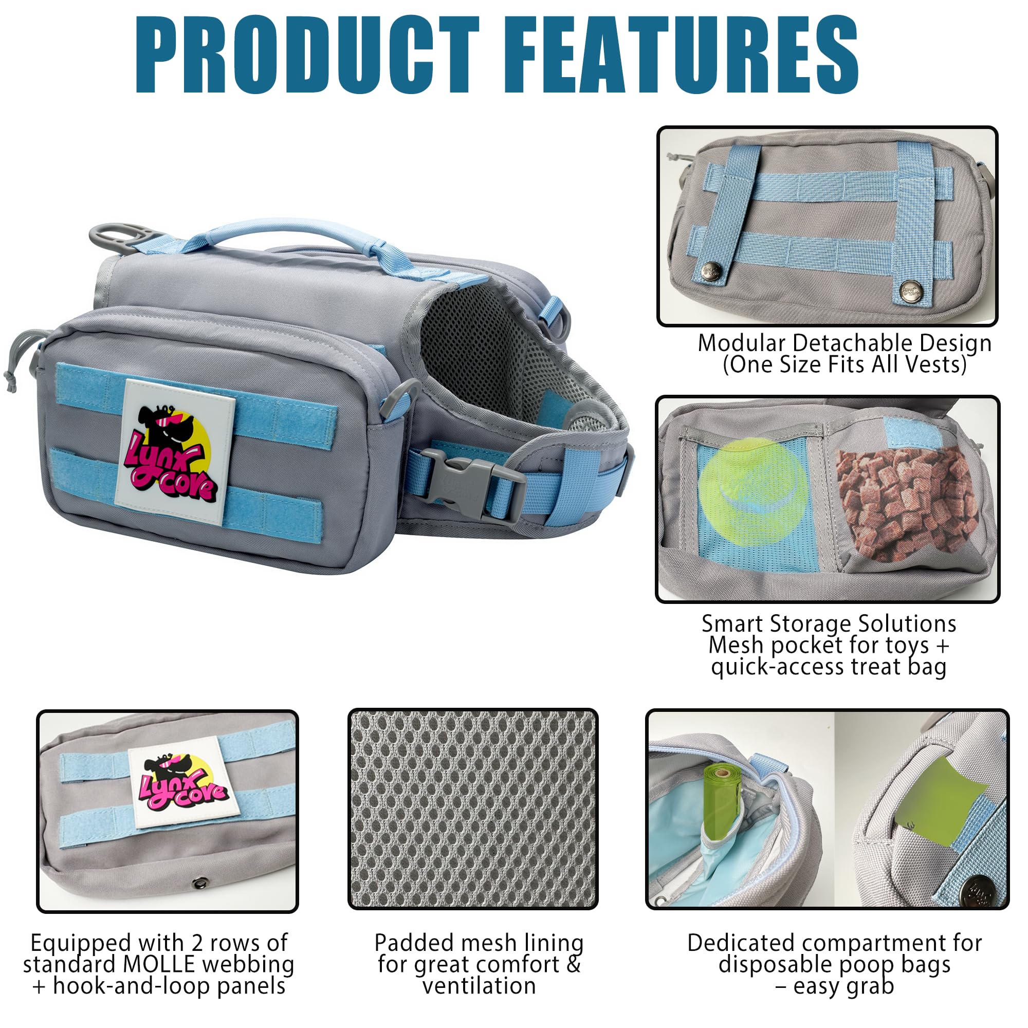 Lynxcore sac dos chien poche droite molle, espace pour patches et accessoires.
