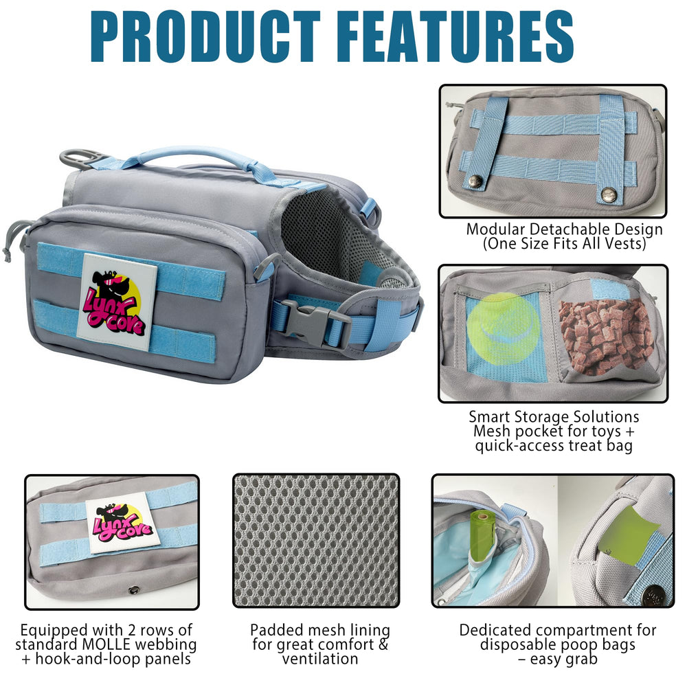 Lynxcore sac dos chien poche droite molle, espace pour patches et accessoires.