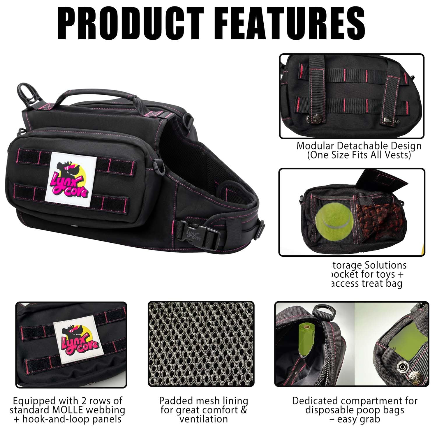 Lynxcore sac dos chien poche gauche, rangement rapide pour friandises.