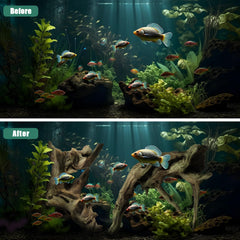 Bois flotté Lyphard Aquariums servant d’habitat pour tortues et poissons.