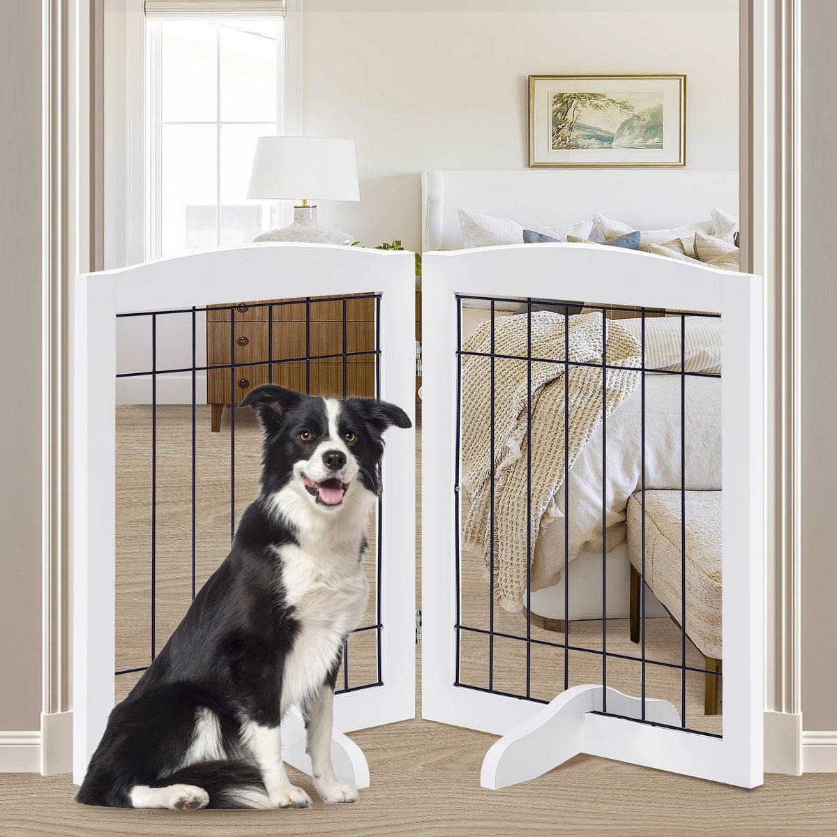 Barrière LZRS pour chien à deux panneaux blanc, idéale pour portes et passages.