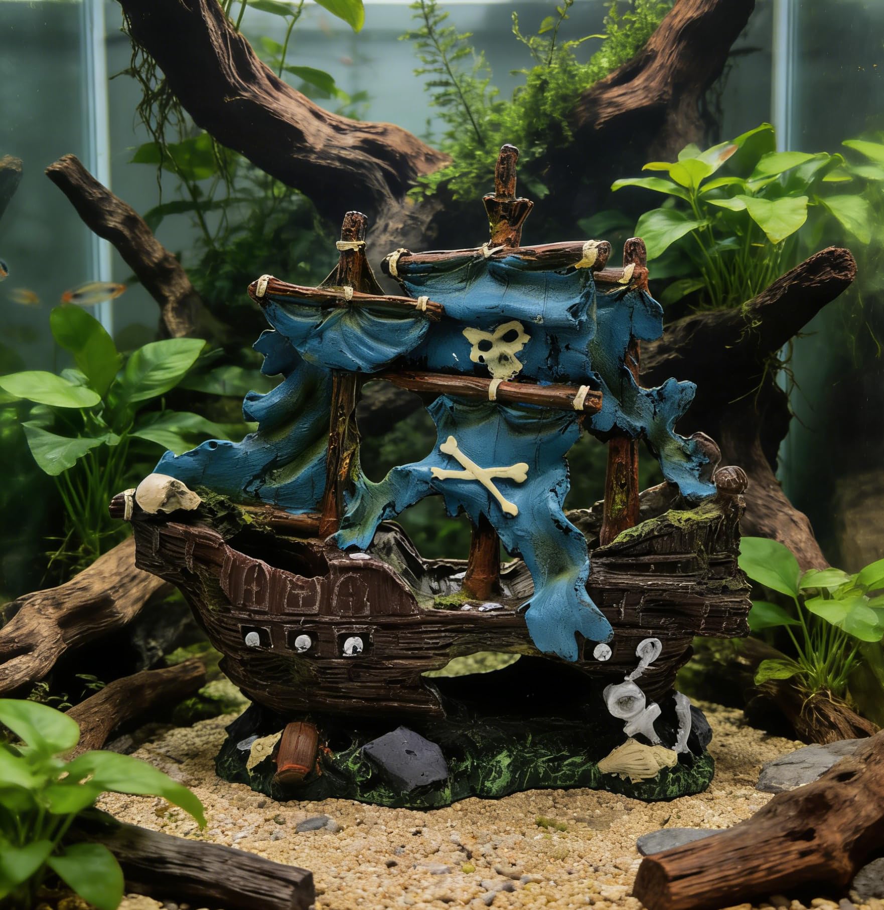 M2cbridge decor maritime d'aquarium, sculpture detaillee et couleur bleue pour animer l'eau