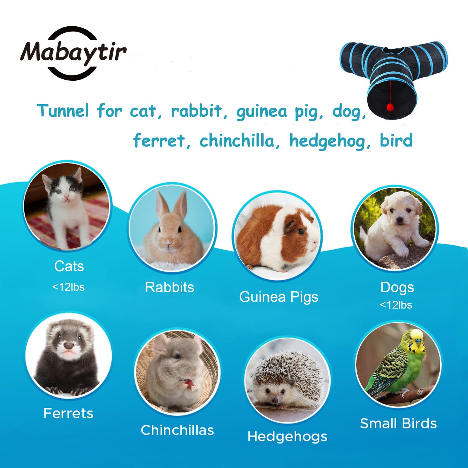 Mabaytir tunnel pour chats et petits animaux, idéal pour jeux en solo ou multi-animaux.