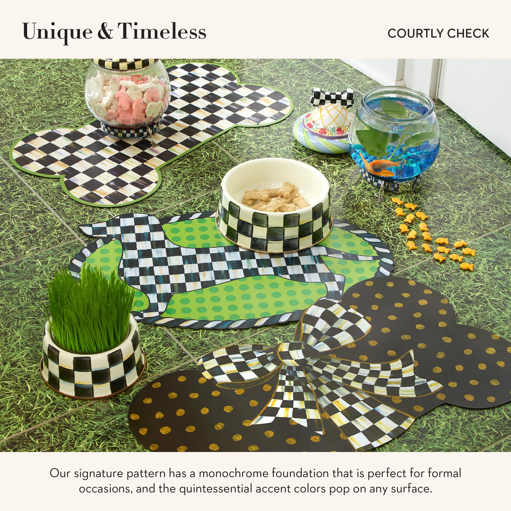 MacKenzie-Childs tapis-repas décoratif adapté pour chiens et chats, rehausse le décor intérieur.