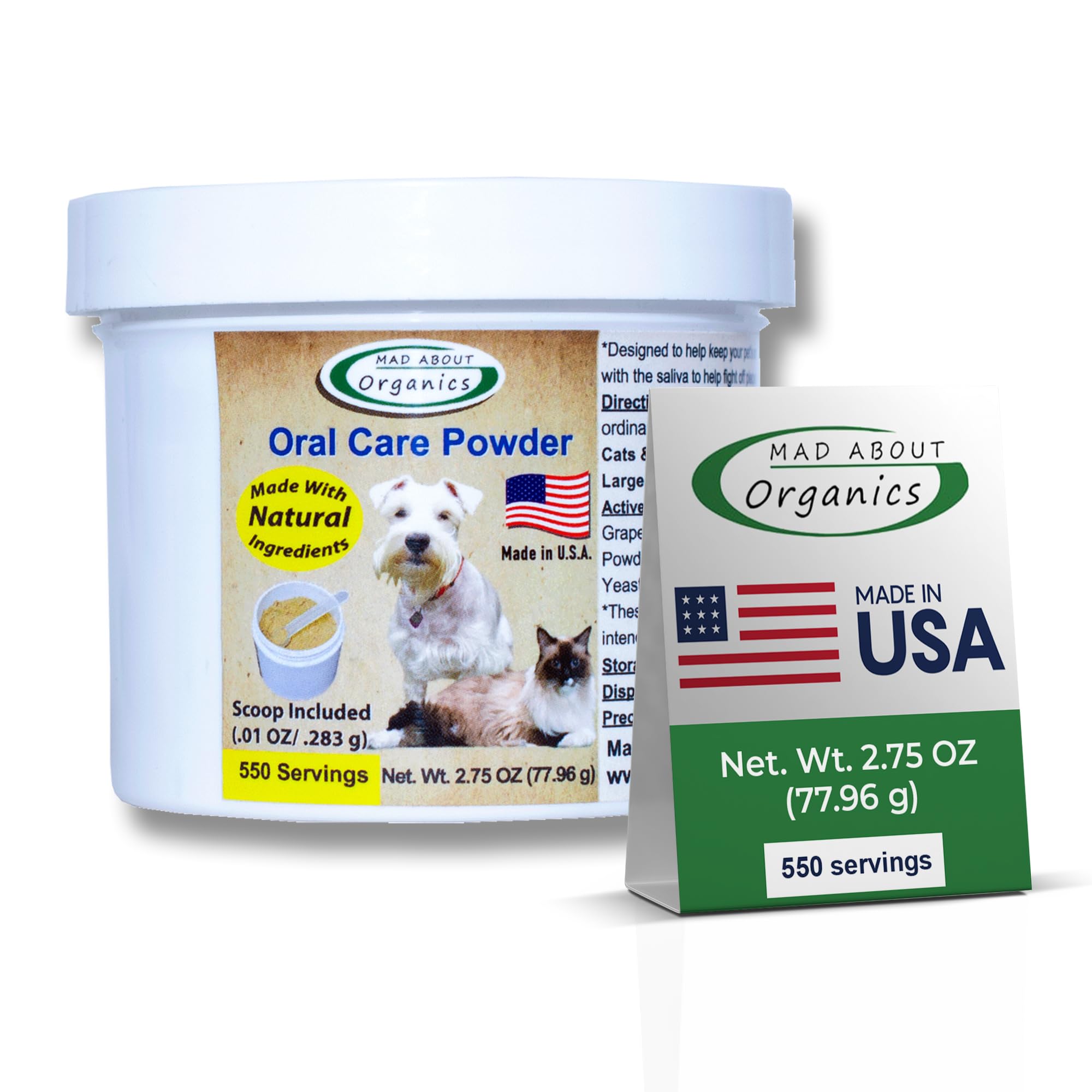 Mad About Organics poudre dentaire pour chiens et chats, réduit plaque et haleine fraîche.