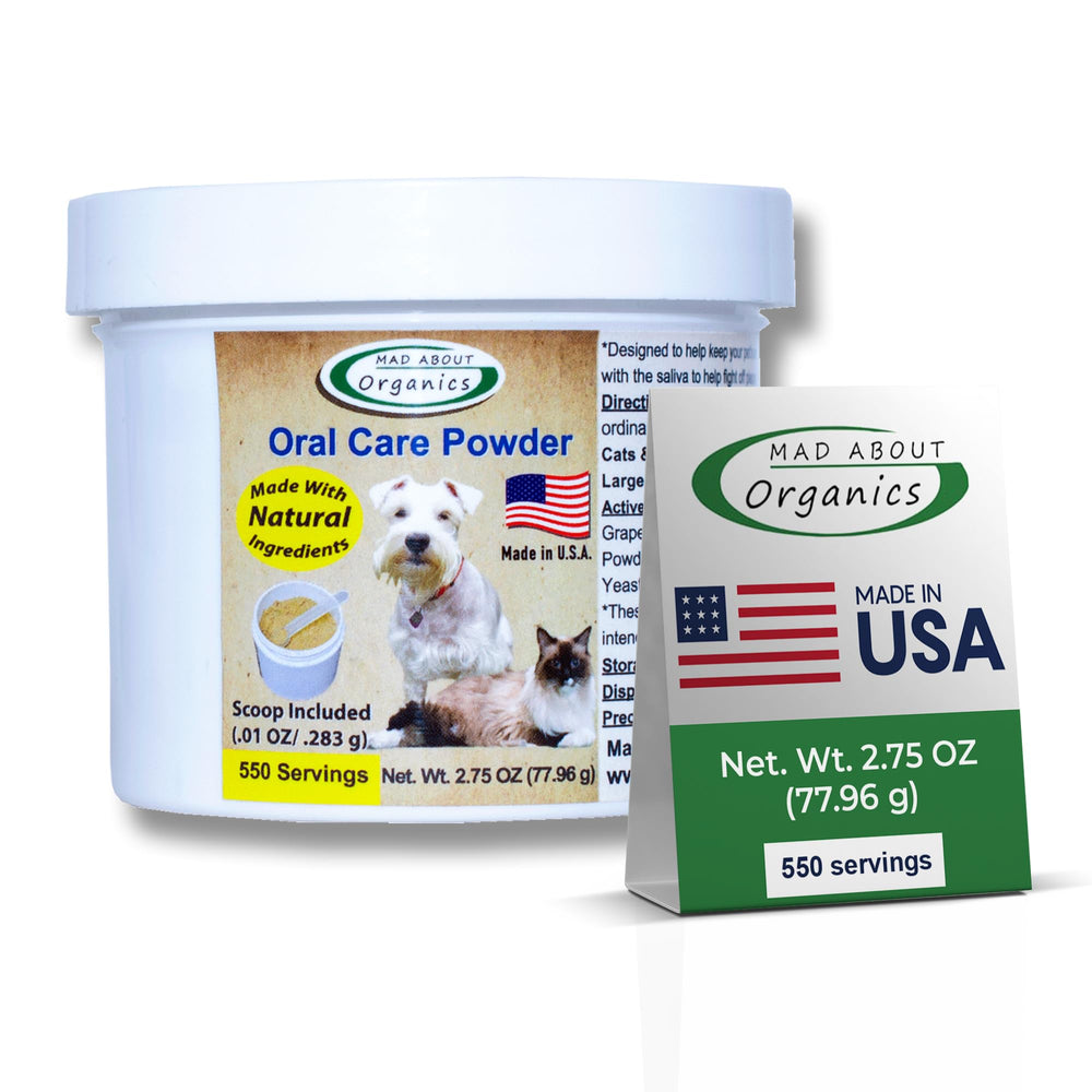 Mad About Organics poudre dentaire pour chiens et chats, réduit plaque et haleine fraîche.
