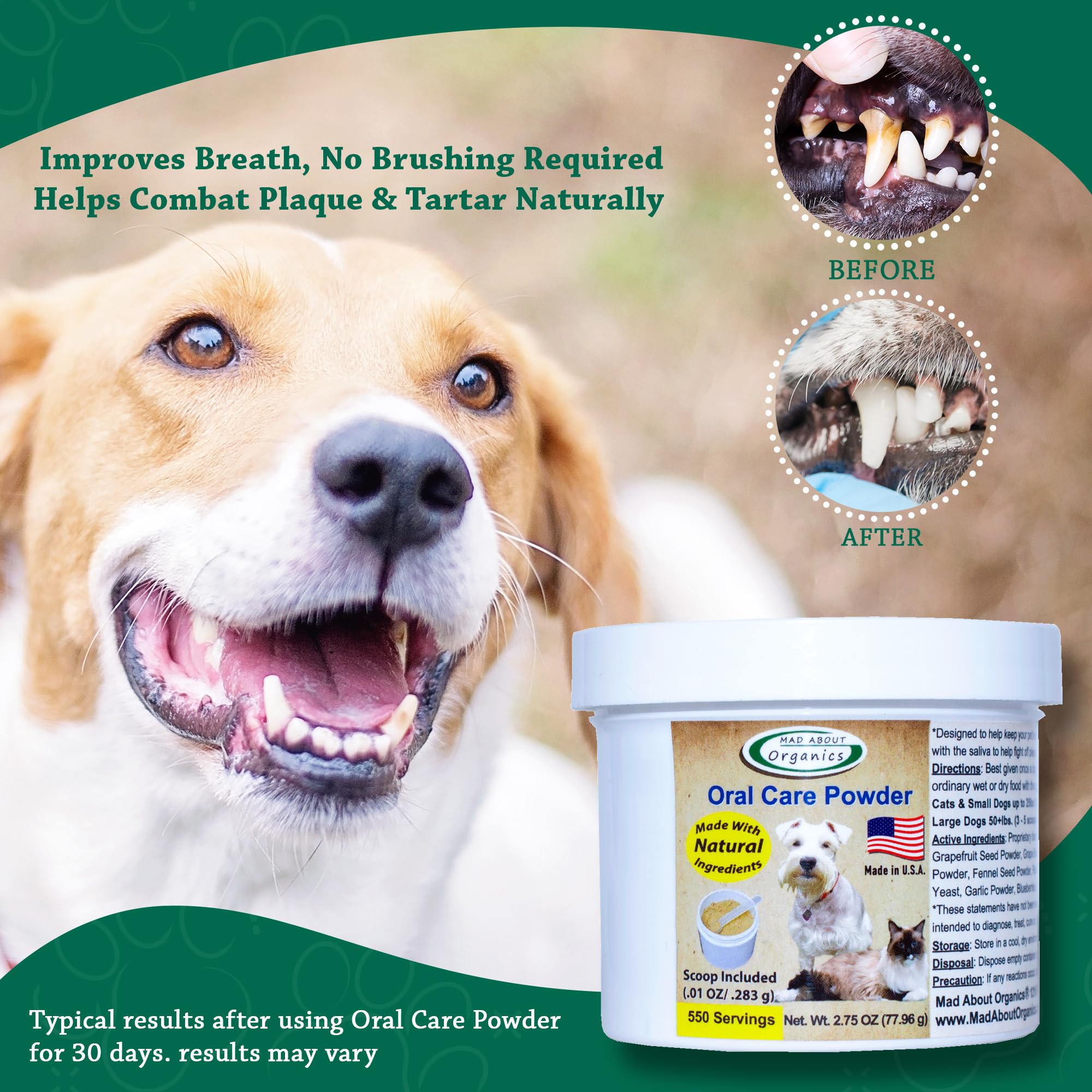 Mad About Organics réduction plaque tartre pour chiens et chats.