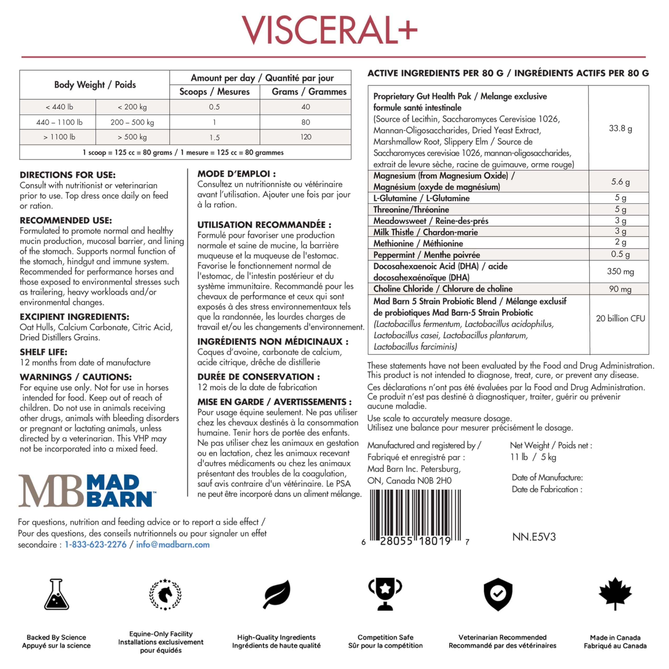 Mad Barn Visceral+ composition naturelle fournit des nutriments ciblés pour le système digestif.