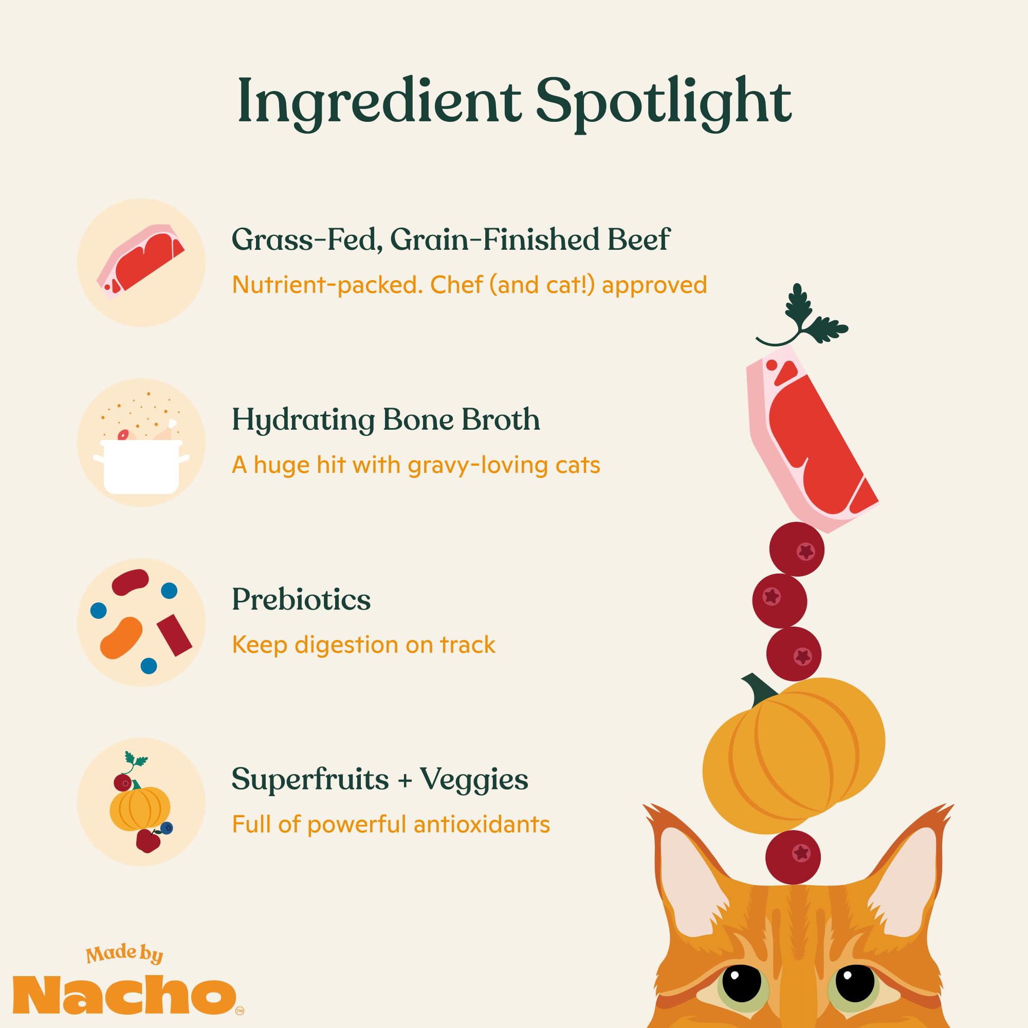 Made by Nacho: prébiotiques pour digestion du chat et texture plaisante.