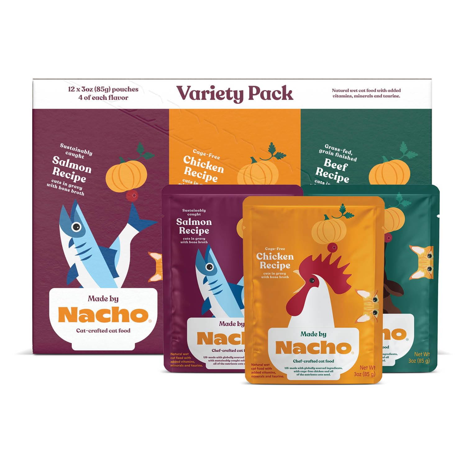 Lot Made by Nacho de 12 sachets variés, pratique pour les repas du chat.
