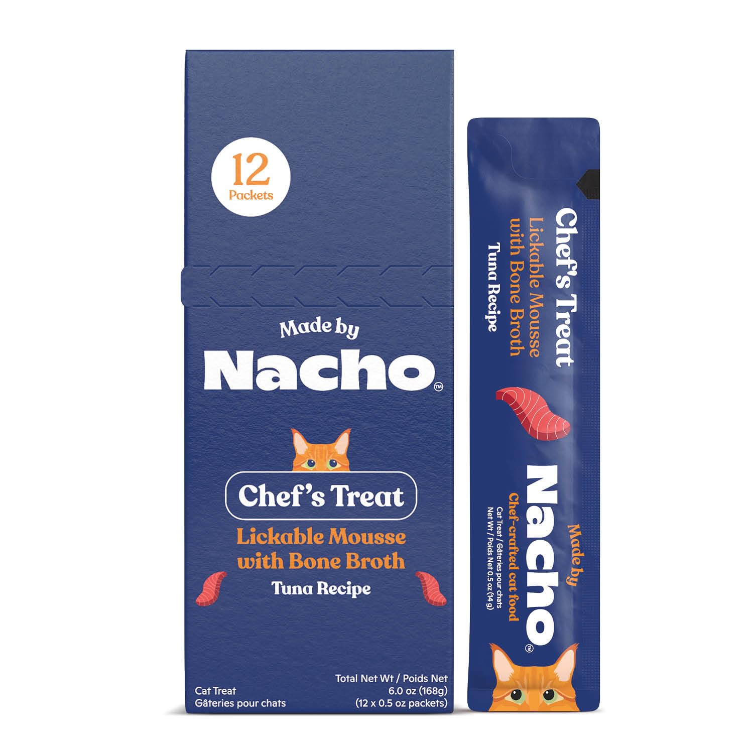 Made by Nacho emballage des tubes au thon et bouillon sans céréales.