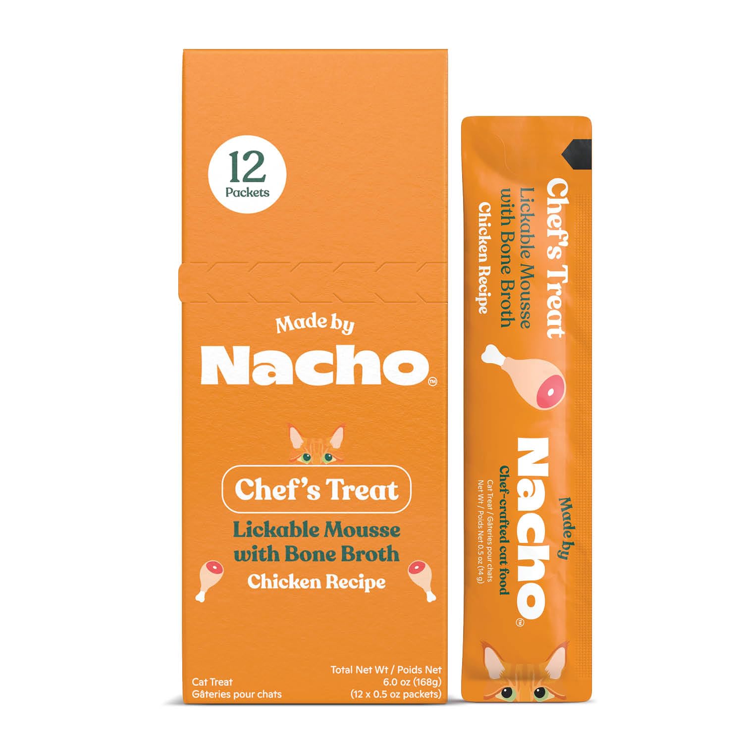 Made by Nacho tubes chat mousse bouillon os poulet: friandise savoureuse et hydratante.
