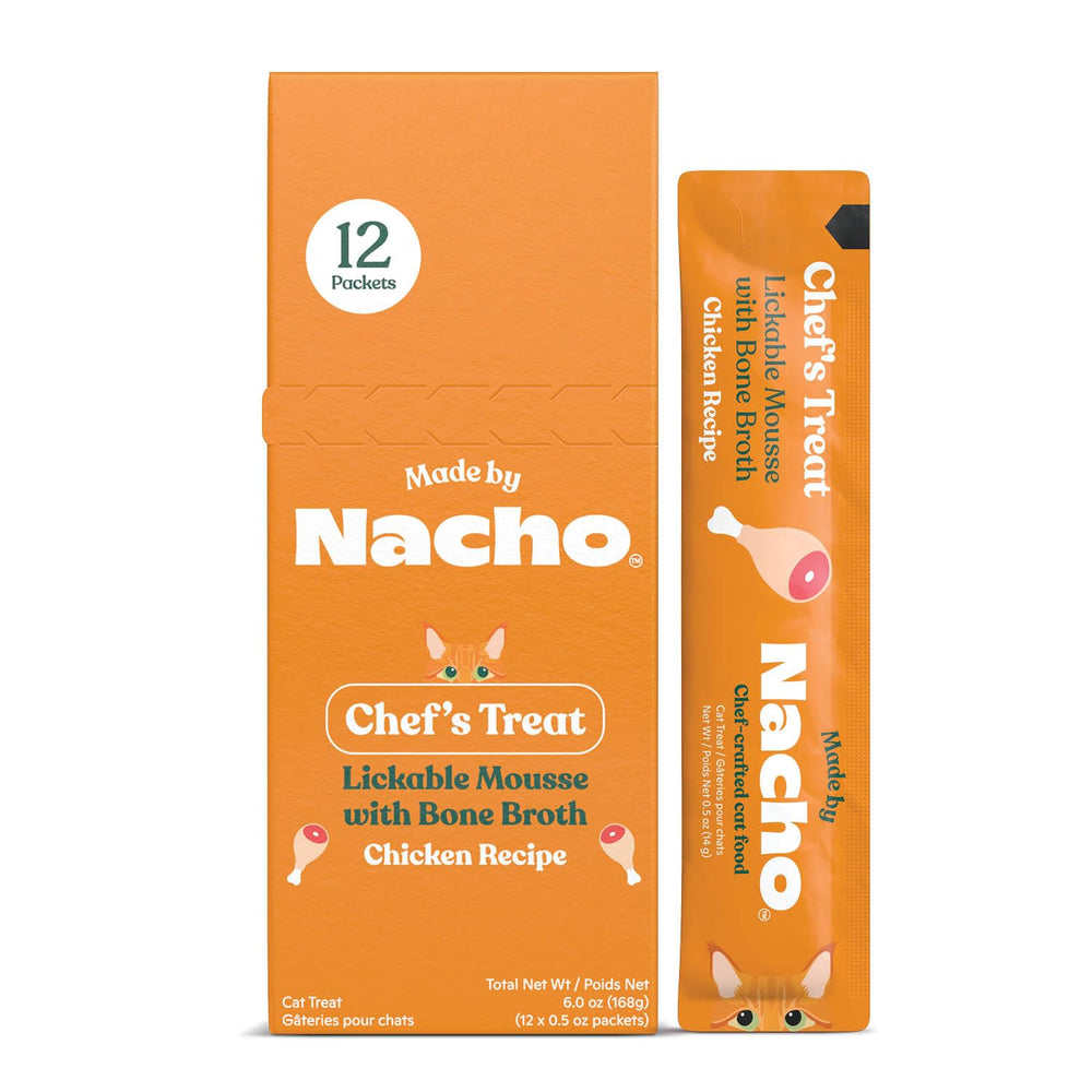 Made by Nacho tubes chat mousse bouillon os poulet: friandise savoureuse et hydratante.
