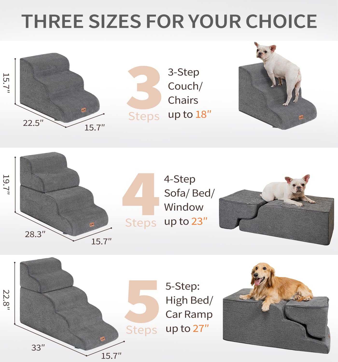 Made4Pets escaliers-lit-haut-gris, stabilité et traction sécurisée sur tous les sols.