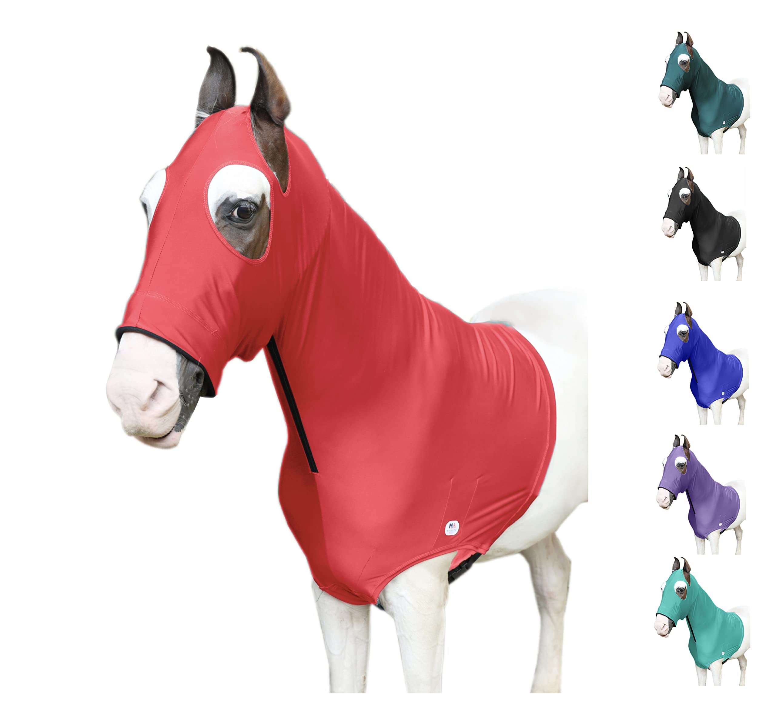 Capuche Majestic Ally pour cheval en spandex avec fermeture éclair, chaleur et confort.