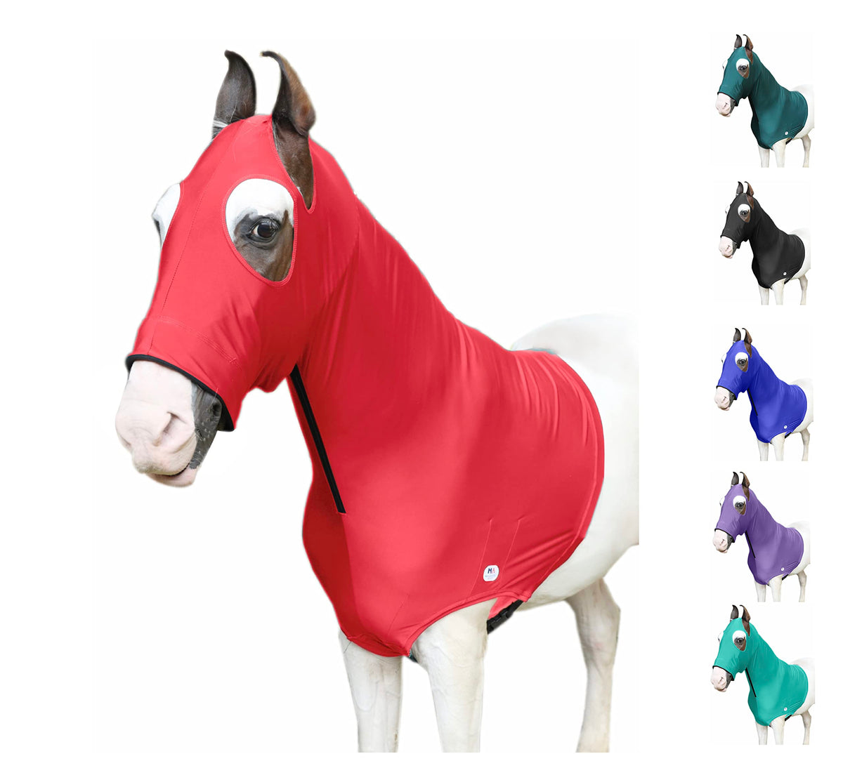 Capuche Majestic Ally pour cheval en spandex avec fermeture éclair, chaleur et confort.