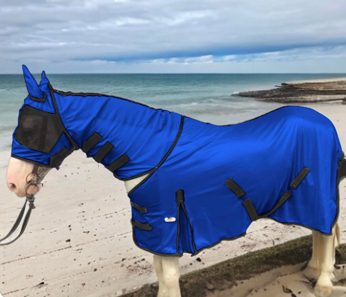 Majestic Ally drap anti-mouches pour cheval avec capuche et masque bleu royal, protection et confort.
