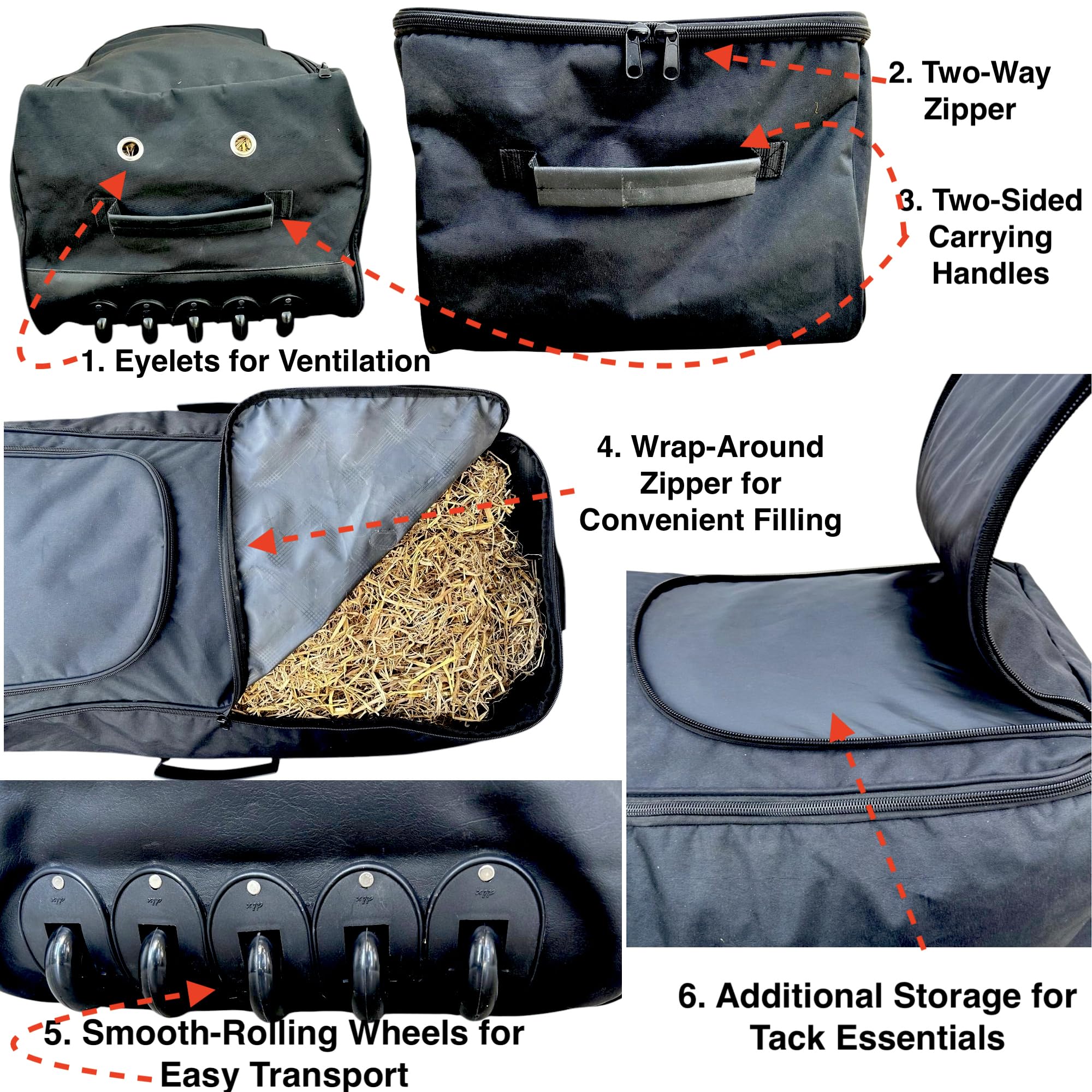 Déplacement fluide sur sols d’écurie grâce aux roues robustes du sac Majestic Ally.