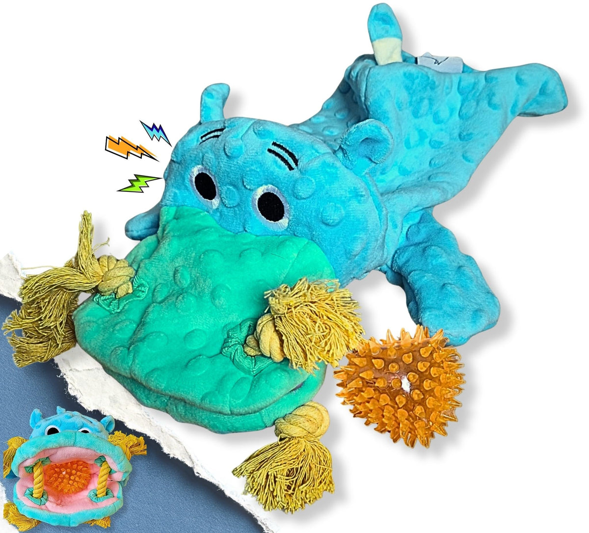 Majestic Pals hippo bleu avec sifflet intégré pour stimuler le jeu.