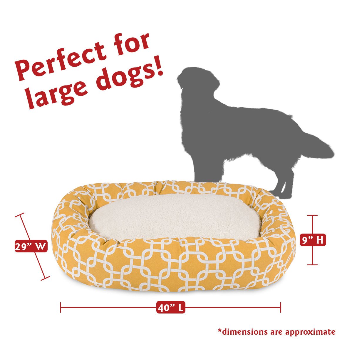 Coussin bolster Majestic Pet bagel Sherpa jaune pour soutien confortable.