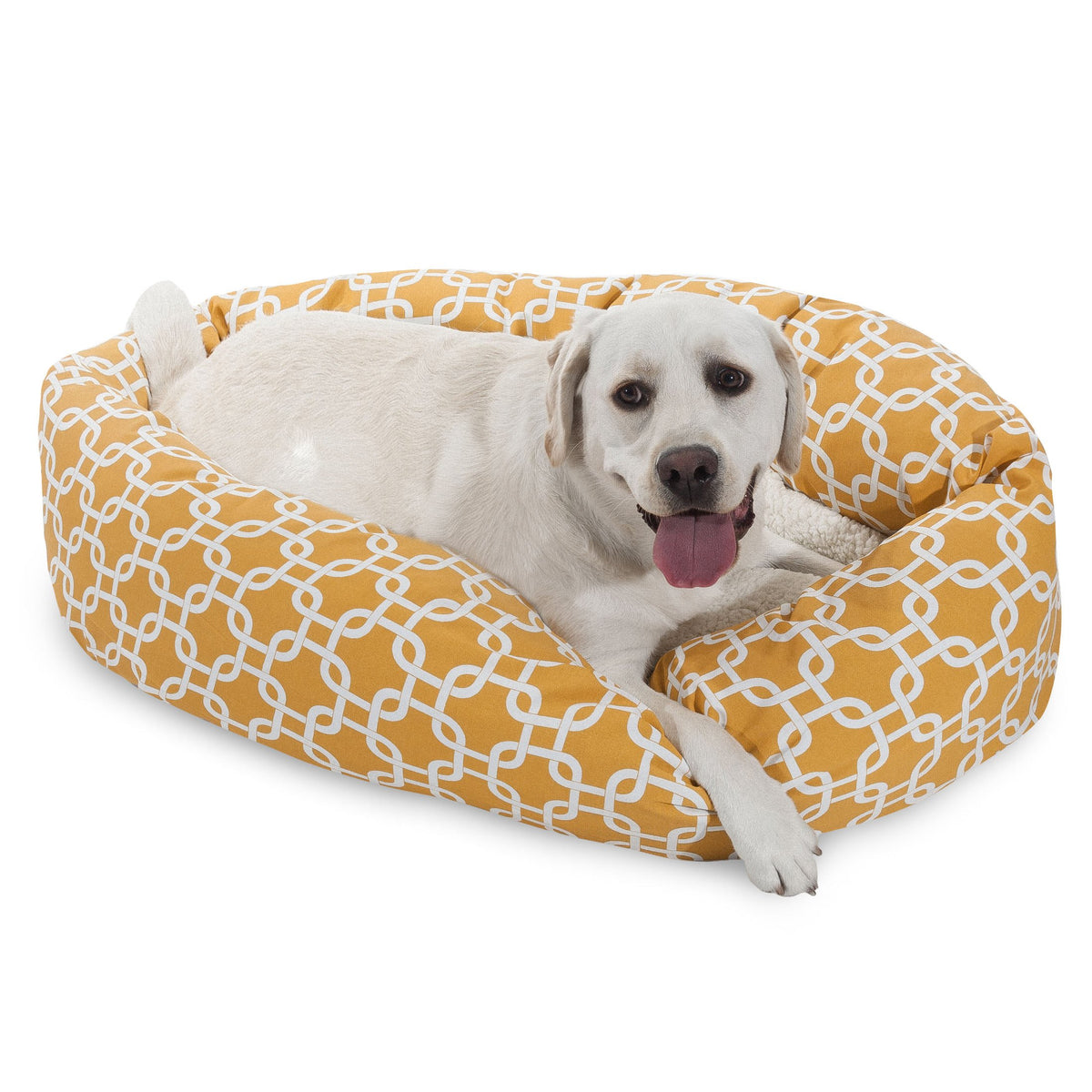 Lit bagel Majestic Pet Sherpa jaune – extérieur résistant et confortable.