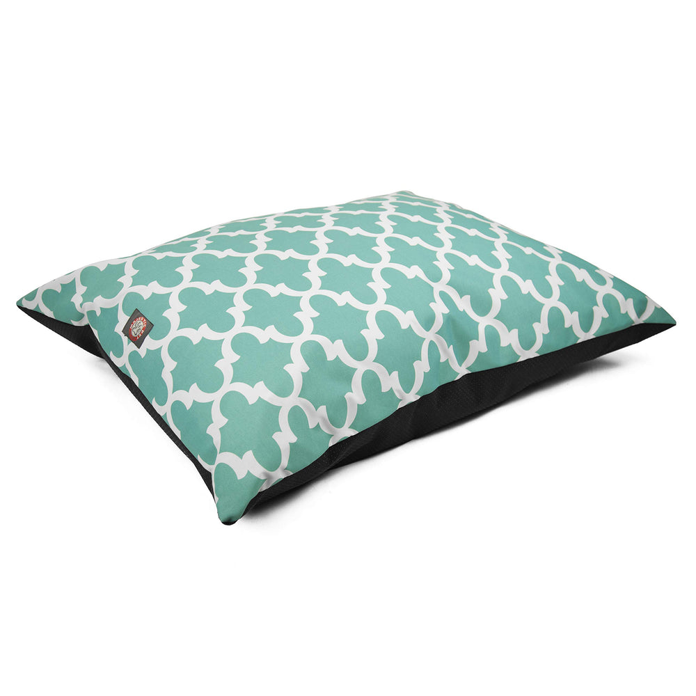 Lit chien rectangle Majestic Pet, motif treillis bleu-vert, confort généreux pour les repos.