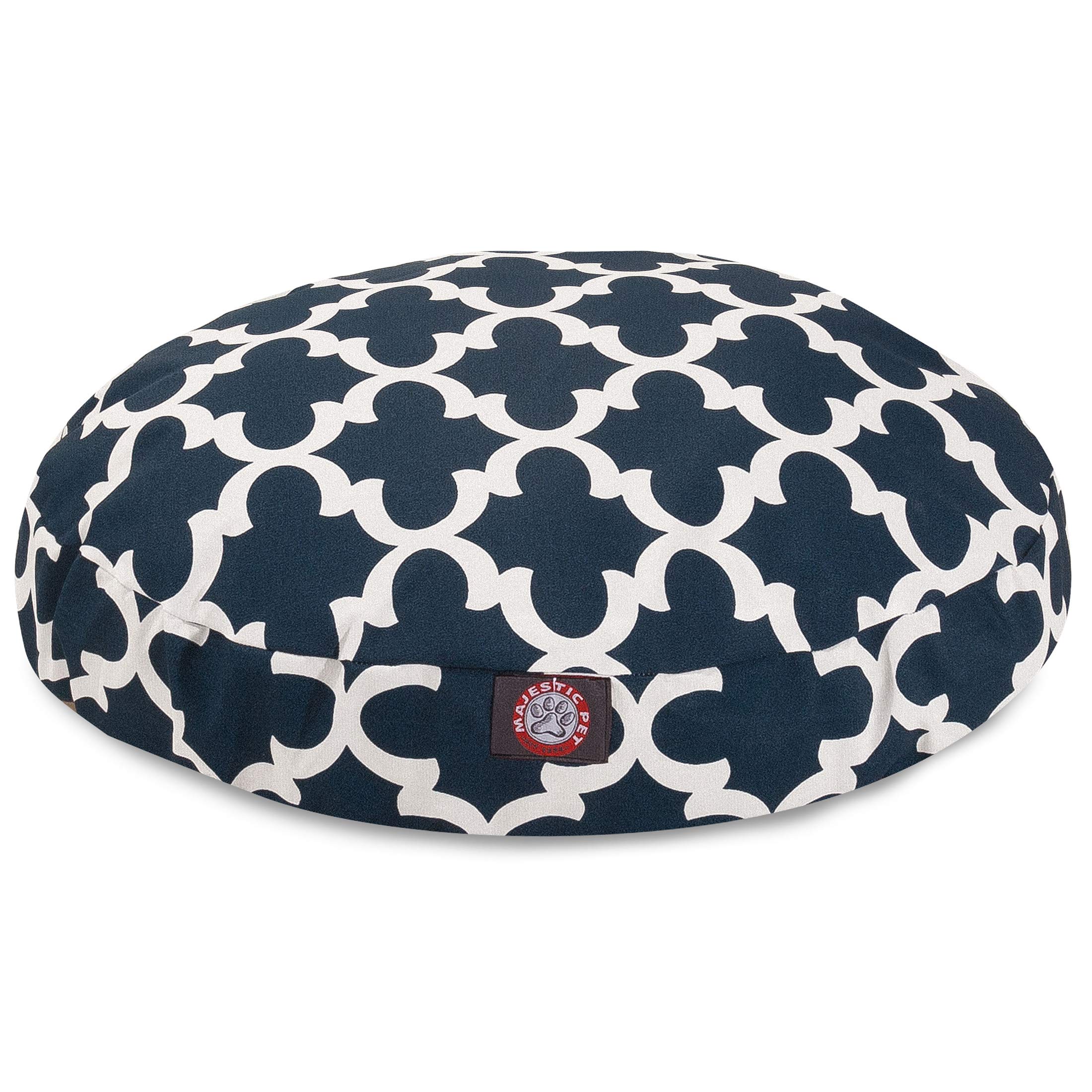 Lit rond Majestic Pet bleu marine treillis, idéal pour intérieur et extérieur.