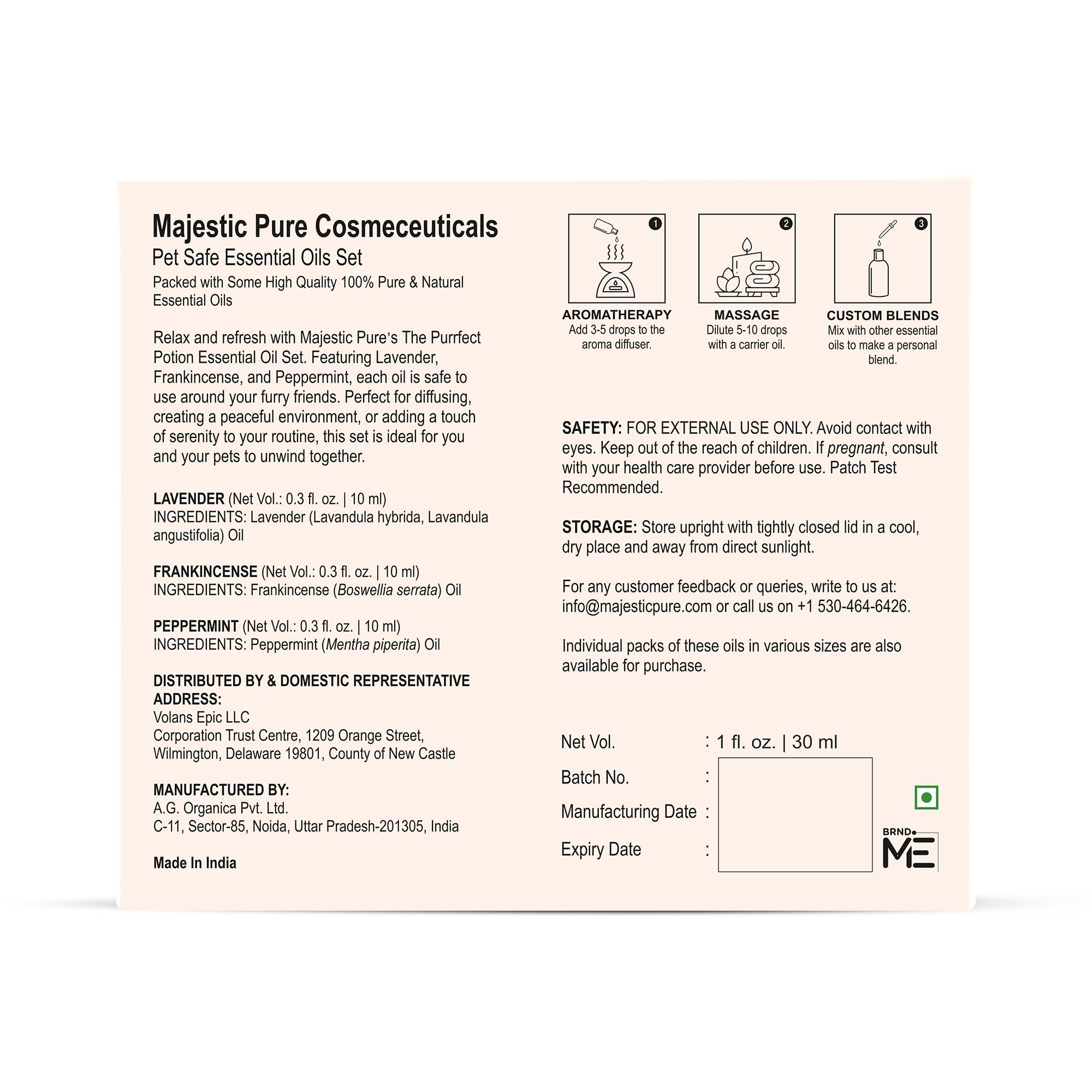 Majestic Pure diffusion topique huiles animaux : utilisation sur peau selon recommandations.