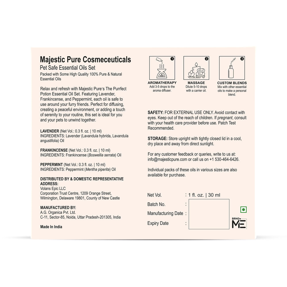 Majestic Pure diffusion topique huiles animaux : utilisation sur peau selon recommandations.