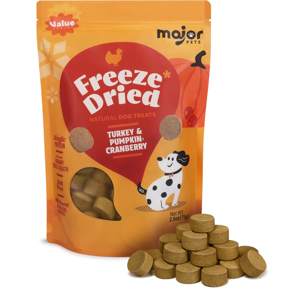 Friandise lyophilisée Major Pets ronde avec citrouille et canneberge, parfaite pour récompenses.