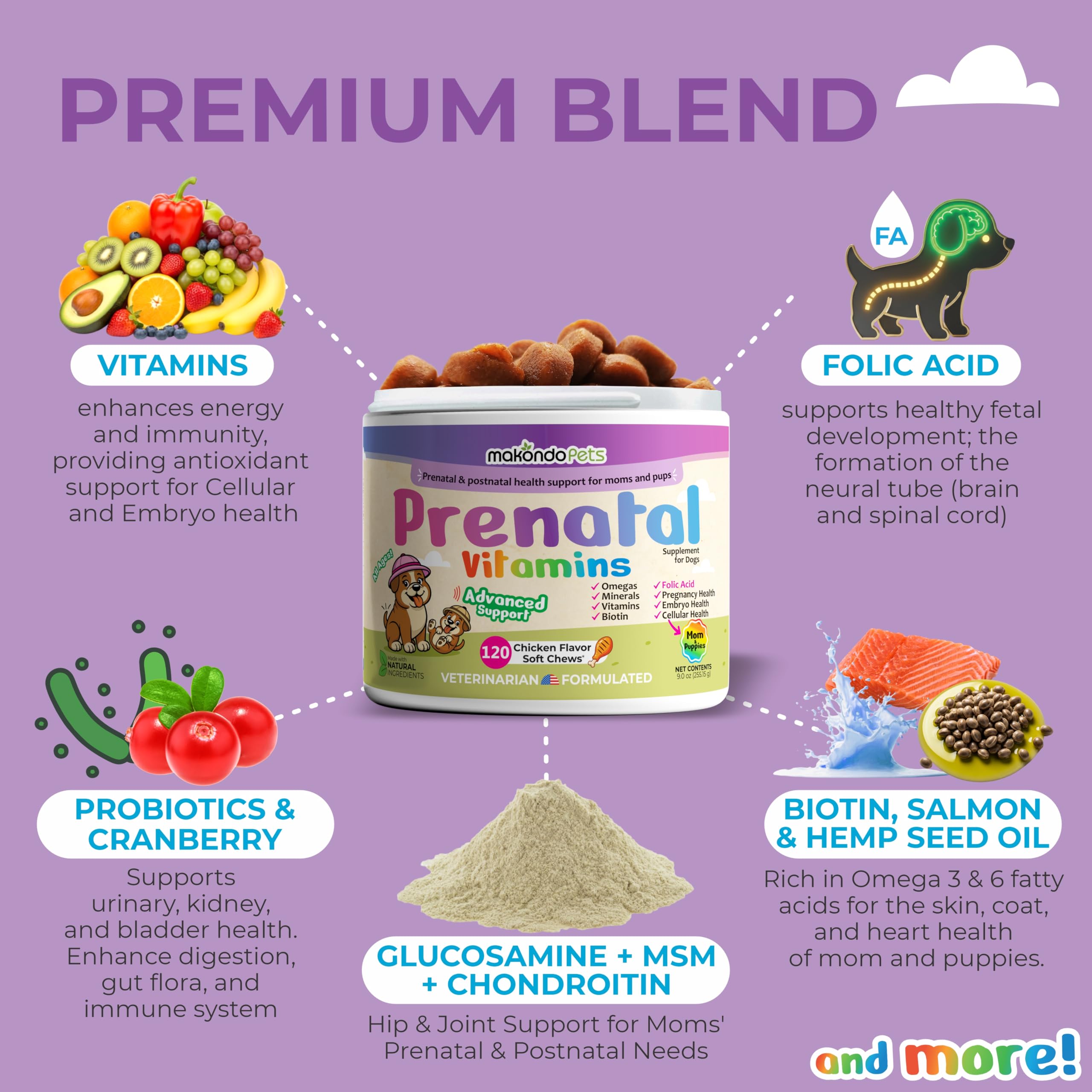 Makondo Pets Oméga DHA/EPA et Probiotiques – bouchées pour peau et digestion.