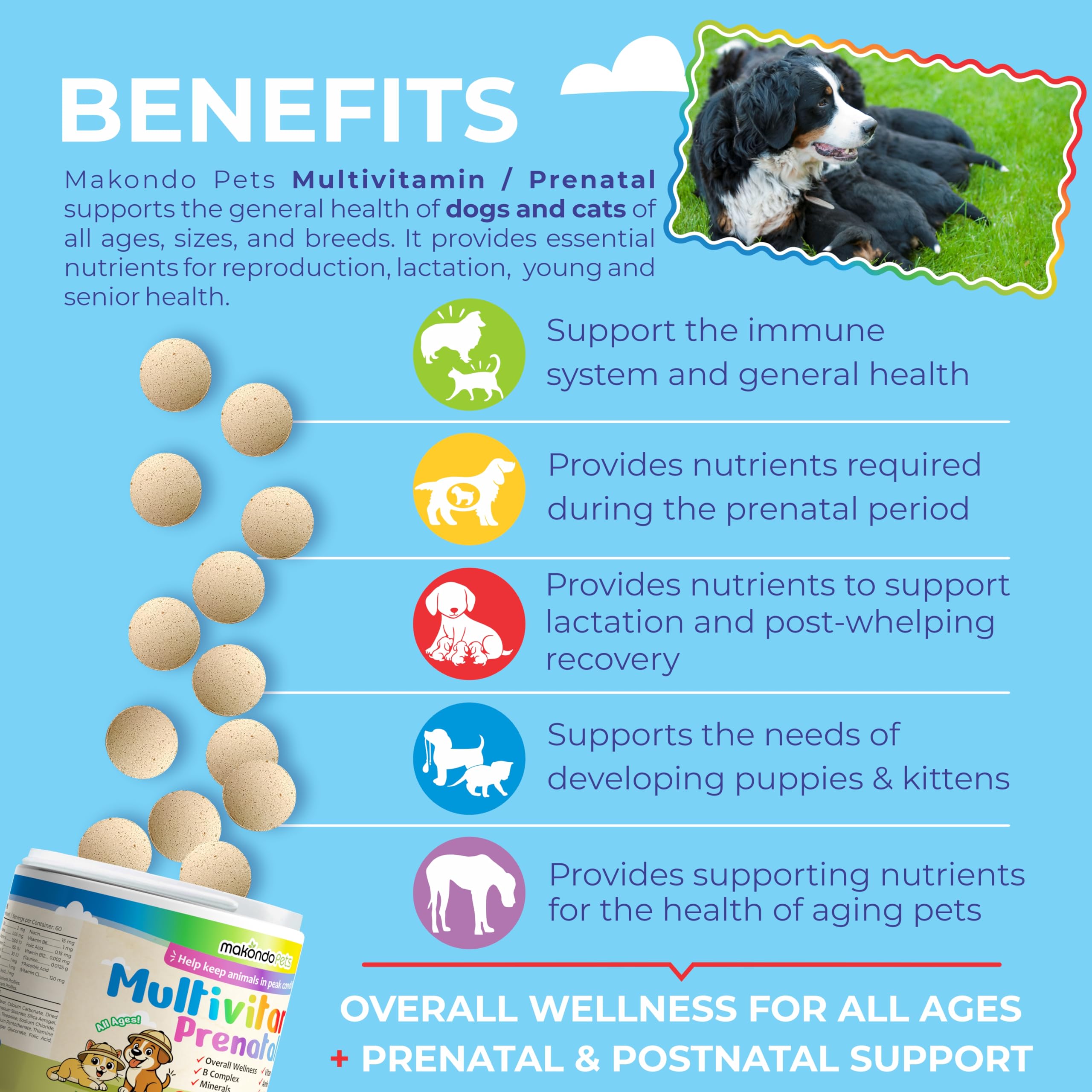 Ingrédients clés des vitamines prénatales Makondo Pets pour chien et chat