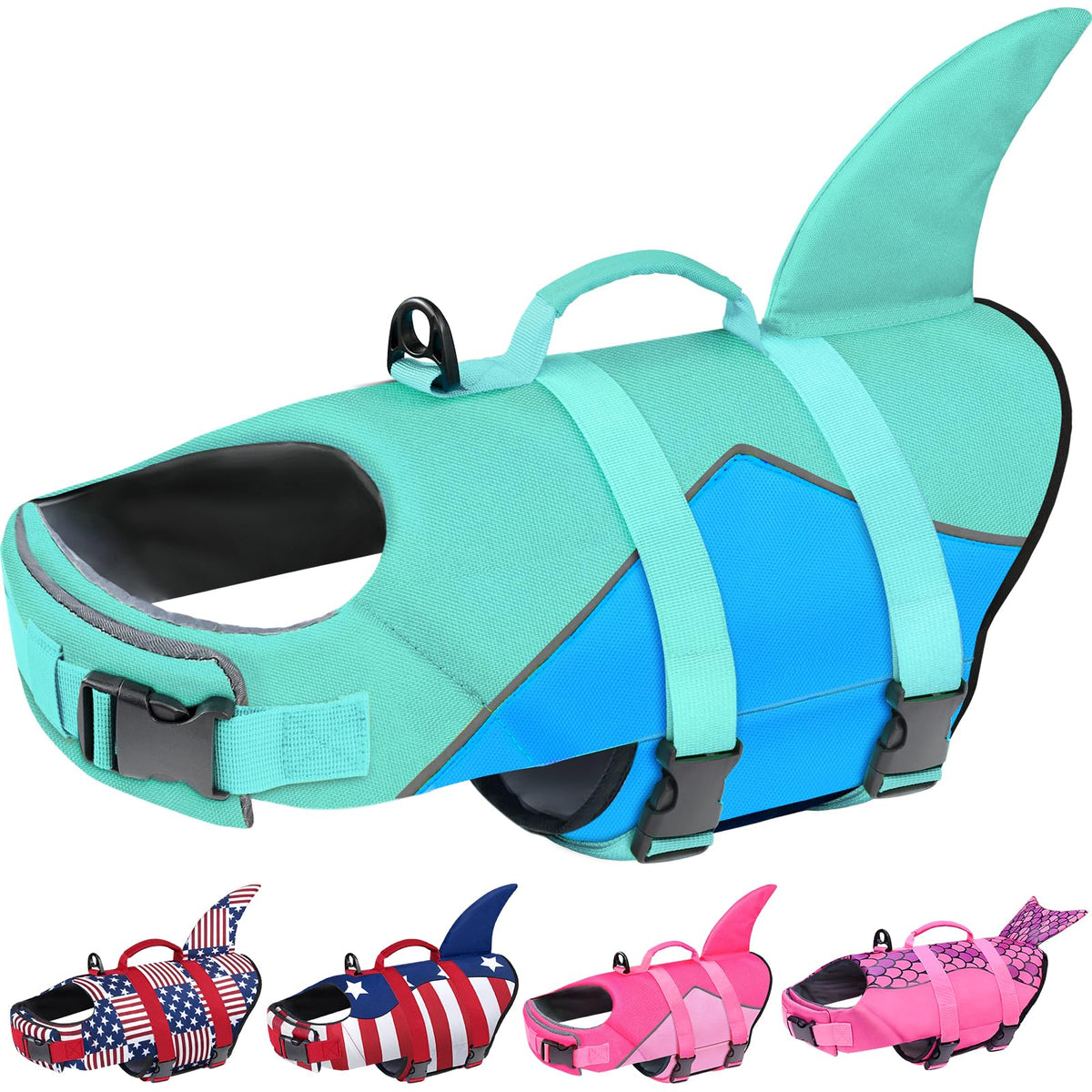 Malier gilet sauvetage chien en forme de requin bleu, visibilité élevée en eau.