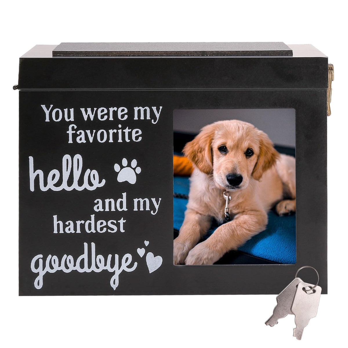 Urne Mamboinnoping pour chiens et chats noir avec cadre photo, élégante et durable.