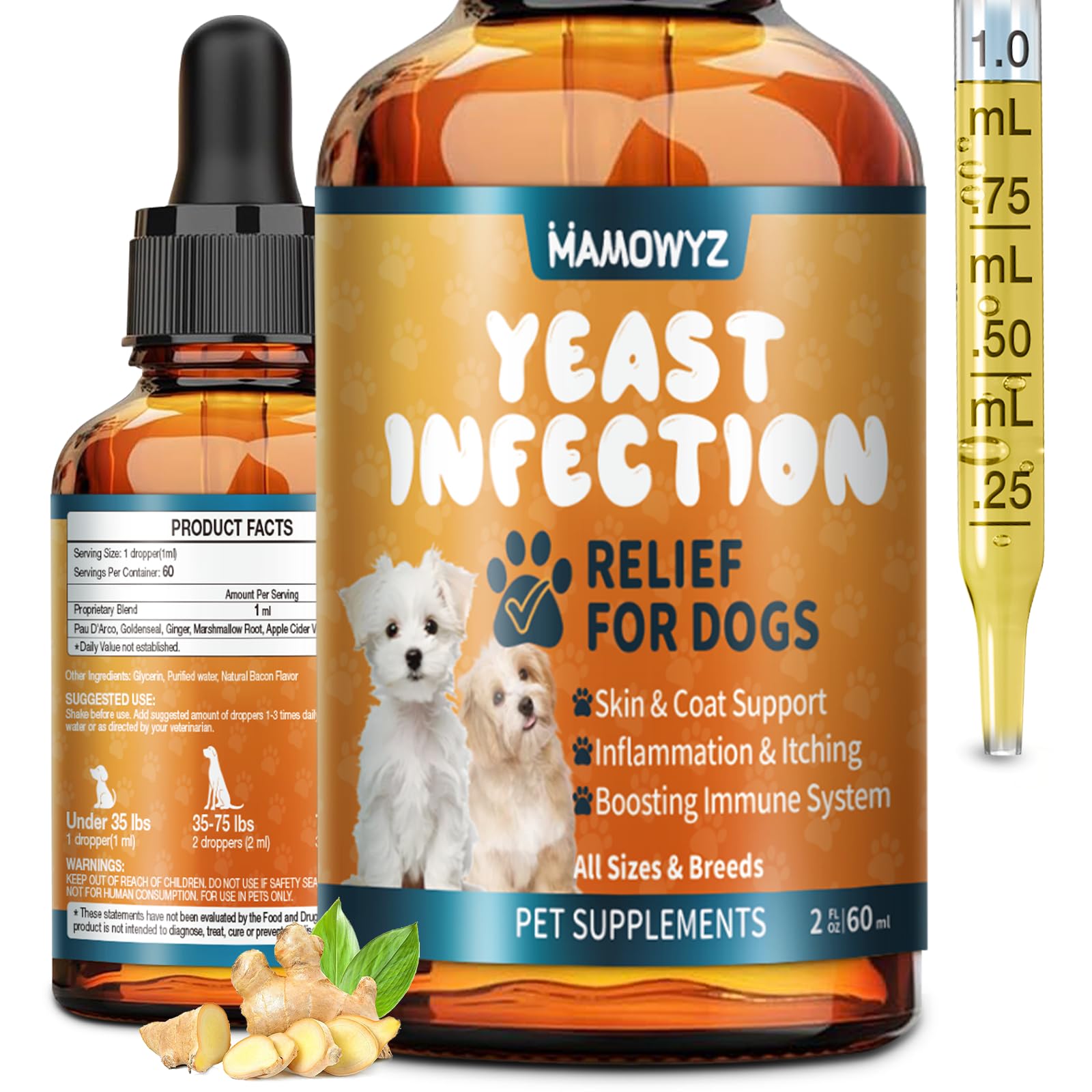 Mamowyz bouteille de traitement levure pour chien, soutien doux contre les démangeaisons.